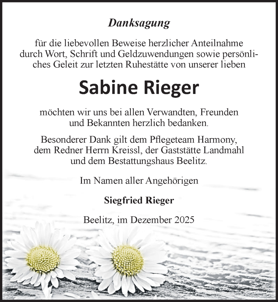  Traueranzeige für Sabine Rieger vom 20.12.2025 aus Märkischen Allgemeine Zeitung