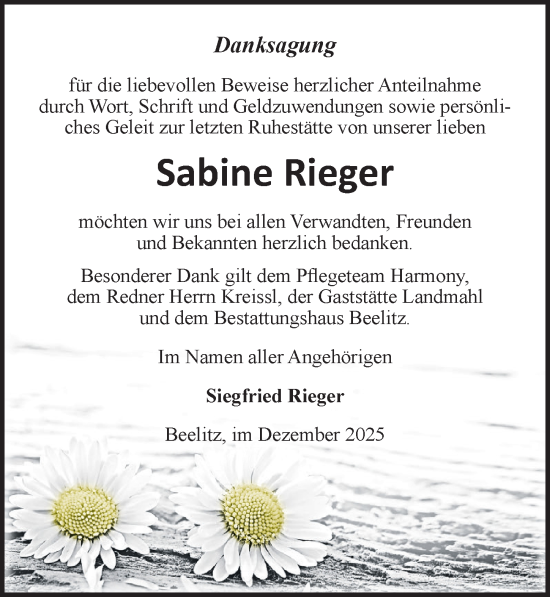 Traueranzeige von Sabine Rieger von Märkischen Allgemeine Zeitung