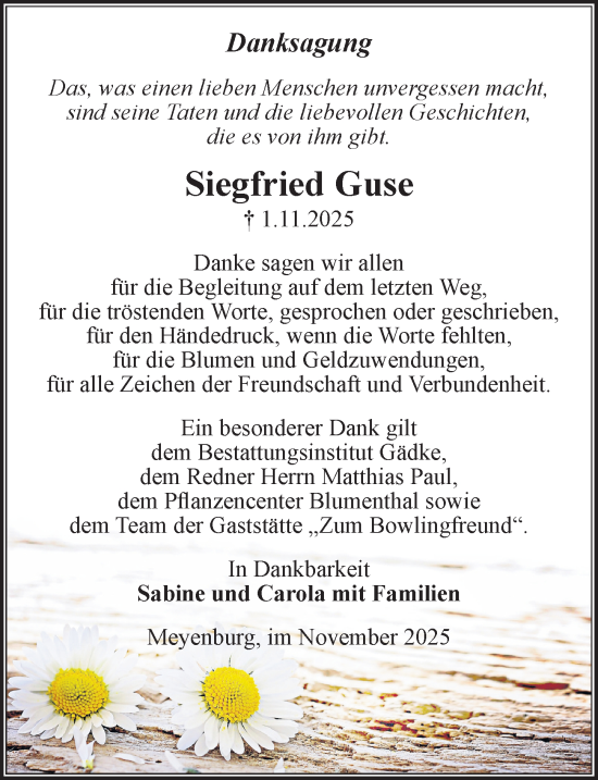 Traueranzeige von Siegfried Guse von Wochenspiegel
