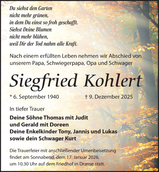 Traueranzeige von Siegfried Kohlert von Wochenspiegel