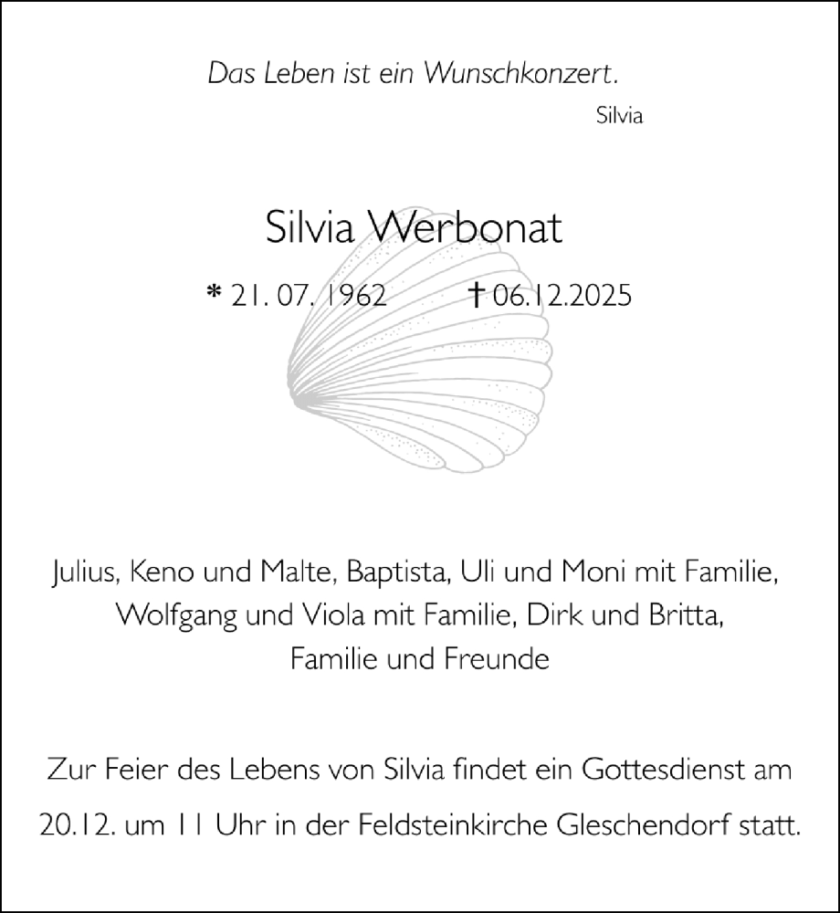  Traueranzeige für Silvia Werbonat vom 14.12.2025 aus Lübecker Nachrichten