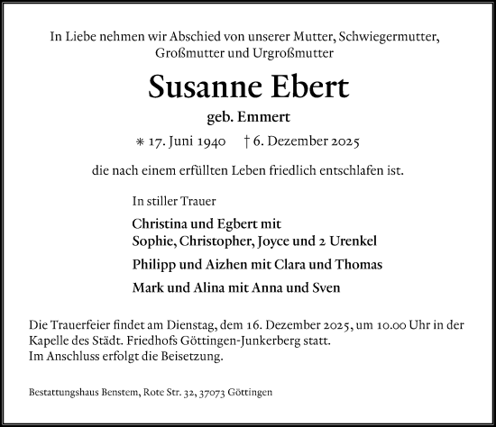 Traueranzeige von Susanne Ebert von Göttinger Tageblatt