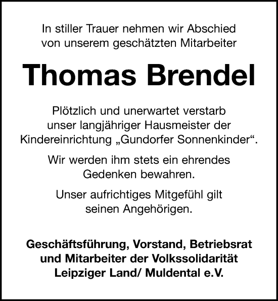 Traueranzeige von Thomas Brendel von Leipziger Volkszeitung