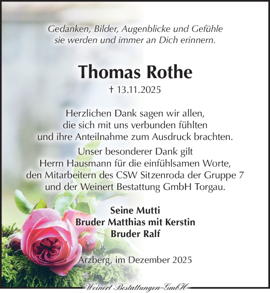 Traueranzeige von Thomas Rothe von Torgauer Zeitung