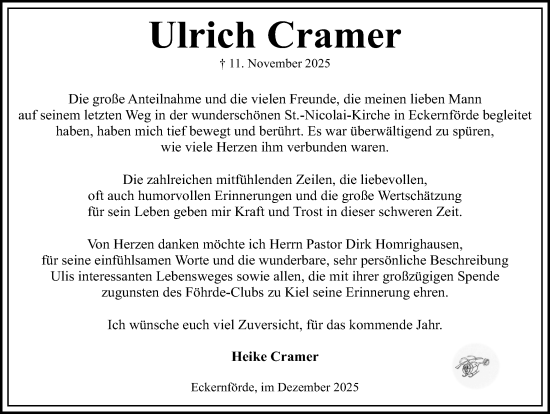 Traueranzeige von Ulrich Cramer von Kieler Nachrichten