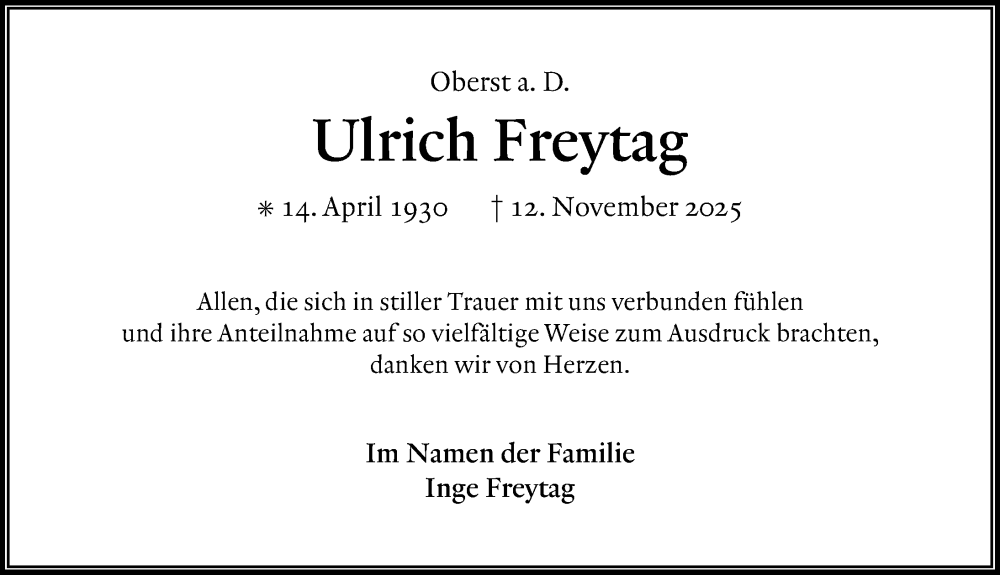 Traueranzeige für Ulrich Freytag vom 13.12.2025 aus Göttinger Tageblatt