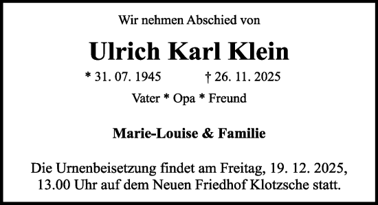 Traueranzeige von Ulrich Karl Klein von Sächsische Zeitung
