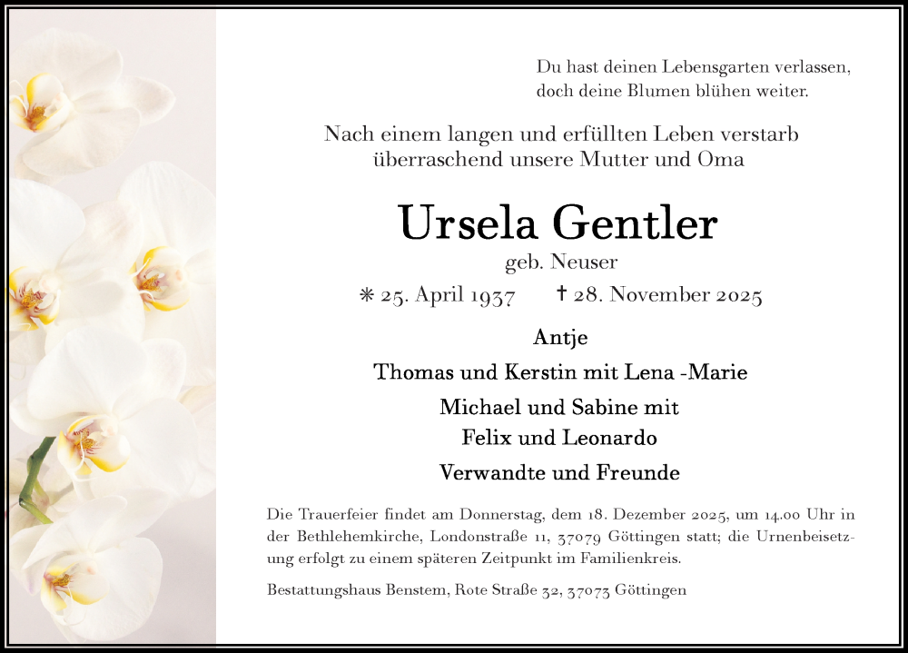  Traueranzeige für Ursela Gentler vom 06.12.2025 aus Göttinger Tageblatt