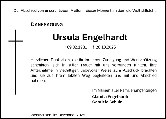 Traueranzeige von Ursula Engelhardt von Eichsfelder Tageblatt