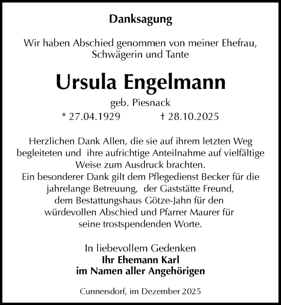 Traueranzeige von Ursula Engelmann von Sächsische Zeitung