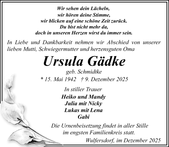 Traueranzeige von Ursula Gädke von Wochenspiegel