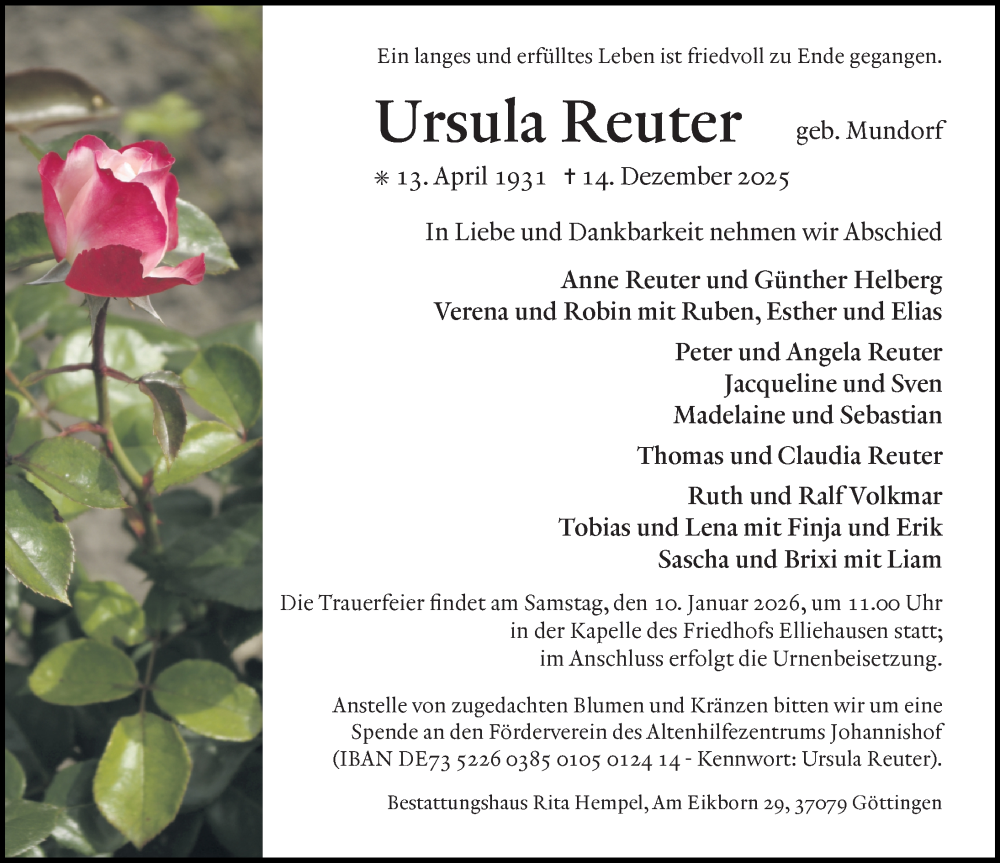  Traueranzeige für Ursula Reuter vom 27.12.2025 aus Göttinger Tageblatt