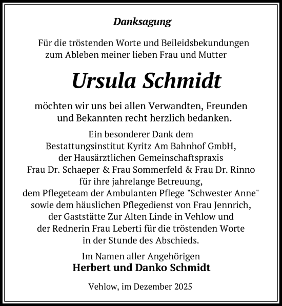 Traueranzeige von Ursula Schmidt von Wochenspiegel