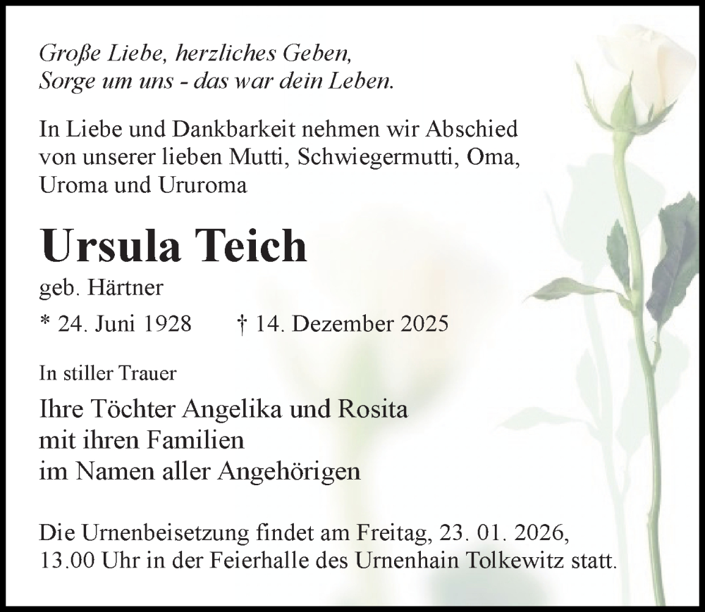  Traueranzeige für Ursula Teich vom 20.12.2025 aus Sächsische Zeitung