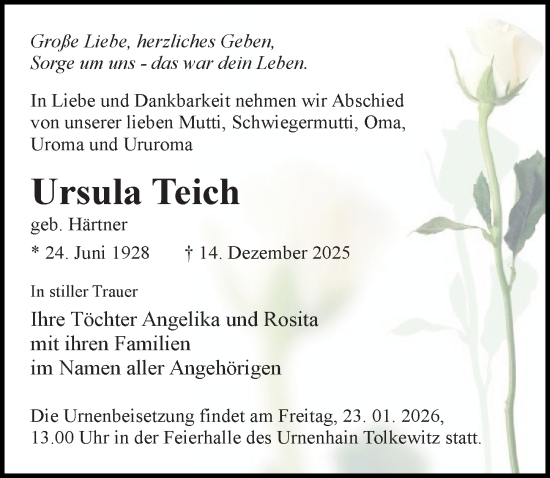Traueranzeige von Ursula Teich von Sächsische Zeitung