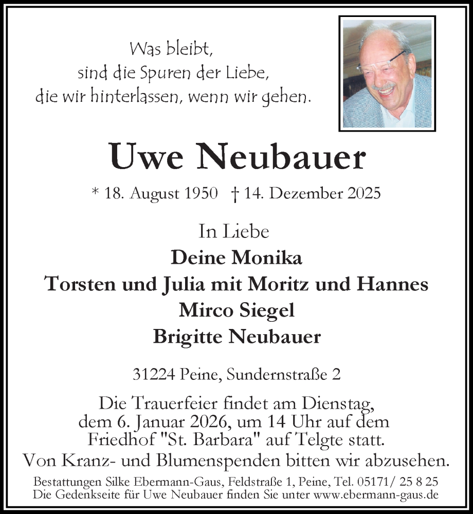  Traueranzeige für Uwe Neubauer vom 20.12.2025 aus Peiner Allgemeine Zeitung