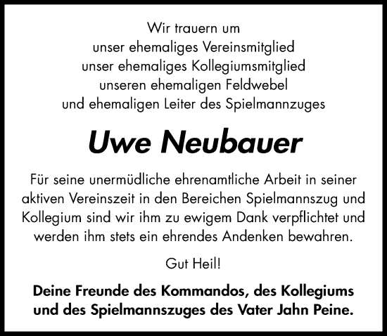 Traueranzeige von Uwe Neubauer von Peiner Allgemeine Zeitung