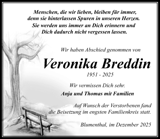 Traueranzeige von Veronika Breddin von Wochenspiegel