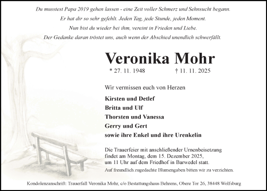 Traueranzeige von Veronika Mohr von Aller Zeitung