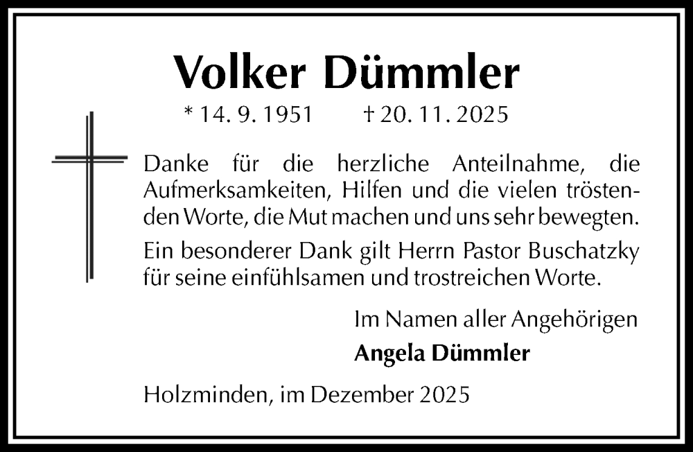  Traueranzeige für Volker Dümmler vom 20.12.2025 aus Täglicher Anzeiger Holzminden