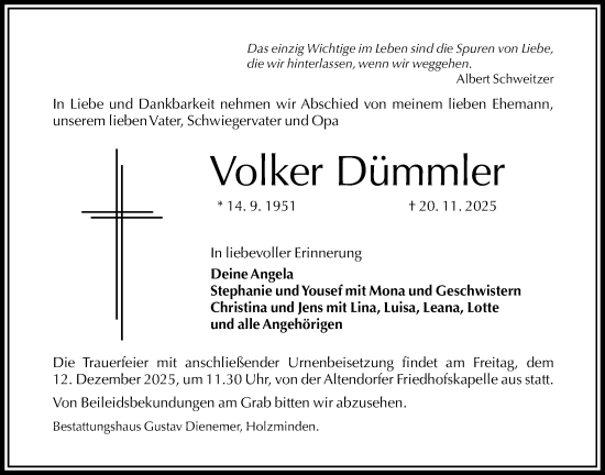 Traueranzeige von Volker Dümmler von Täglicher Anzeiger Holzminden
