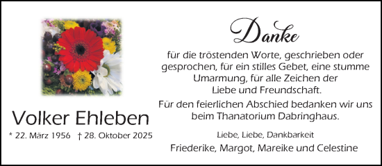 Traueranzeige von Volker Ehleben von Lübecker Nachrichten