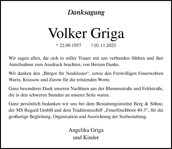 Traueranzeige von Volker Griga von Ostsee-Zeitung GmbH