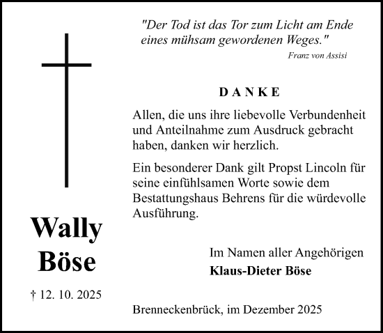Traueranzeige von Wally Böse von Aller Zeitung