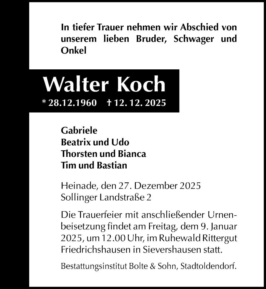  Traueranzeige für Walter Koch vom 27.12.2025 aus Täglicher Anzeiger Holzminden