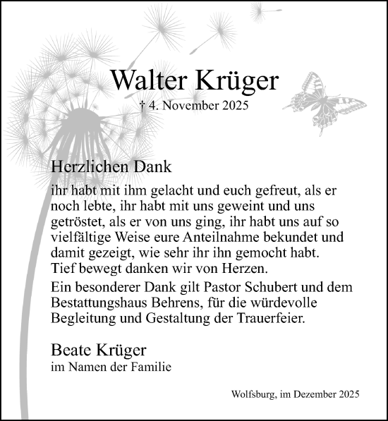 Traueranzeige von Walter Krüger von Aller Zeitung