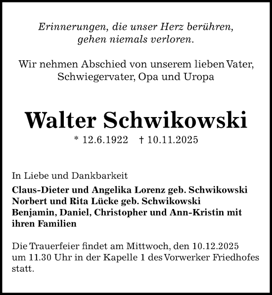 Traueranzeige von Walter Schwikowski von Lübecker Nachrichten