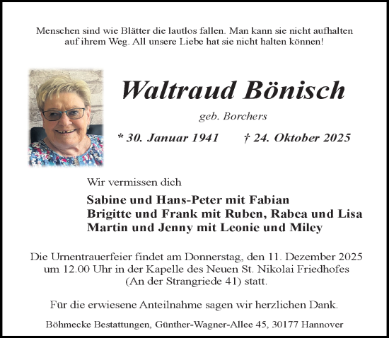 Traueranzeige von Waltraud Bönisch von Hannoversche Allgemeine Zeitung/Neue Presse
