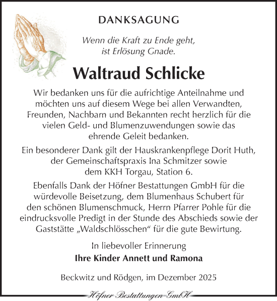 Traueranzeige von Waltraud Schlicke von Torgauer Zeitung
