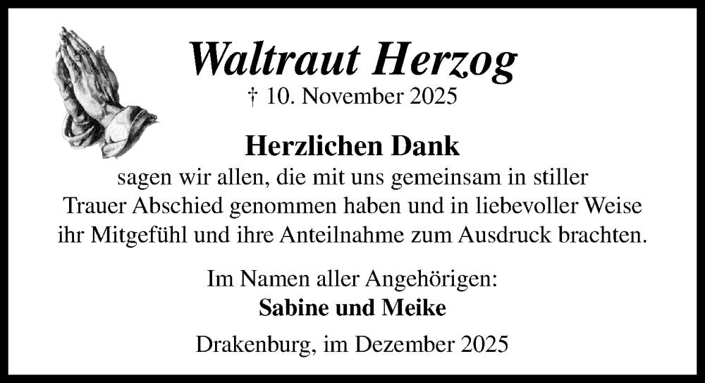  Traueranzeige für Waltraut Herzog vom 20.12.2025 aus Die Harke