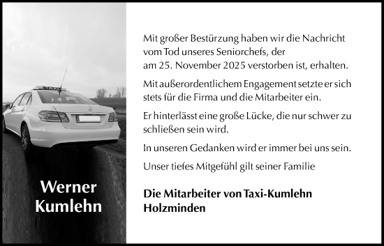 Traueranzeige von Werner Kumlehn von Täglicher Anzeiger Holzminden