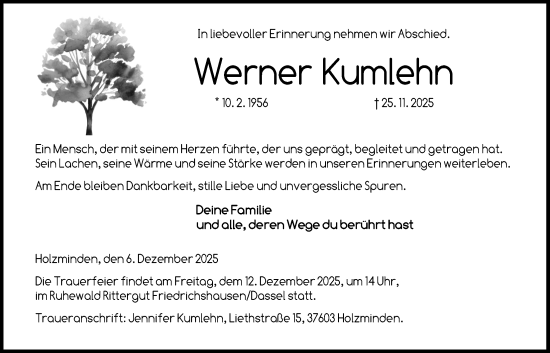 Traueranzeige von Werner Kumlehn von Täglicher Anzeiger Holzminden
