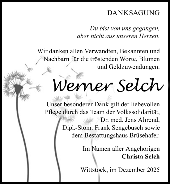 Traueranzeige von Werner Selch von Wochenspiegel