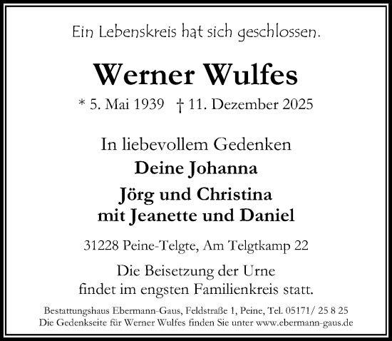 Traueranzeige von Werner Wulfes von Peiner Allgemeine Zeitung