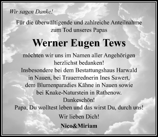 Traueranzeige von Werner Eugen Tews von Märkischen Allgemeine Zeitung