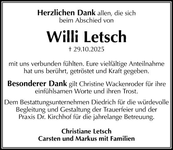 Traueranzeige von Willi Letsch von Göttinger Tageblatt