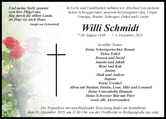 Traueranzeige von Willi Schmidt von Märkischen Allgemeine Zeitung