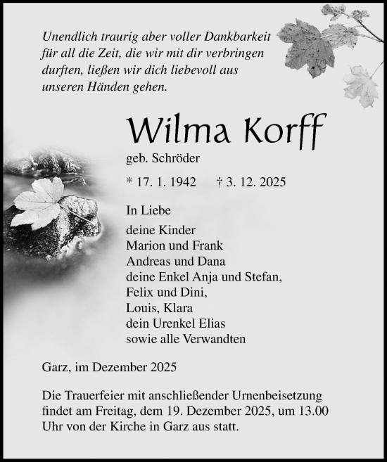 Traueranzeige von Wilma Korff von Ostsee-Zeitung GmbH