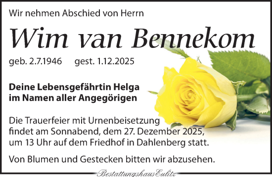 Traueranzeige von Wim van Bennekom von Torgauer Zeitung