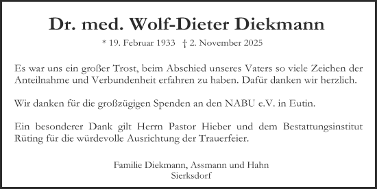 Traueranzeige von Wolf-Dieter Diekmann von Lübecker Nachrichten