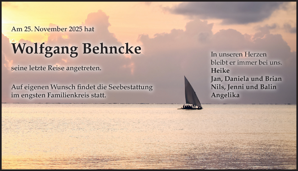  Traueranzeige für Wolfgang Behncke vom 07.12.2025 aus Lübecker Nachrichten
