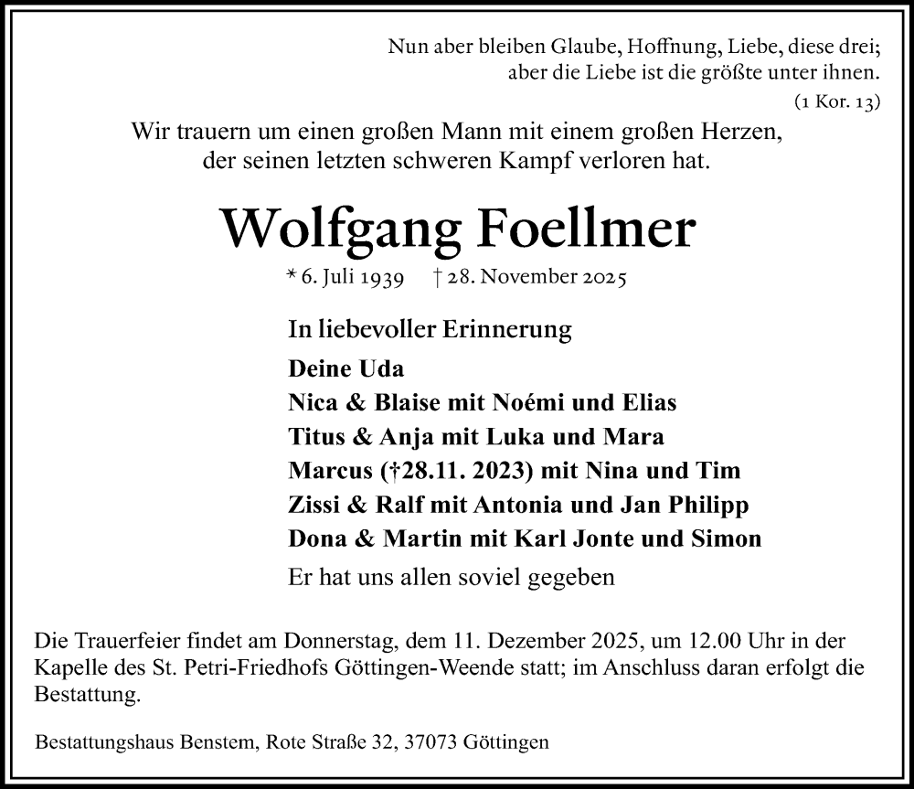  Traueranzeige für Wolfgang Foellmer vom 06.12.2025 aus Göttinger Tageblatt