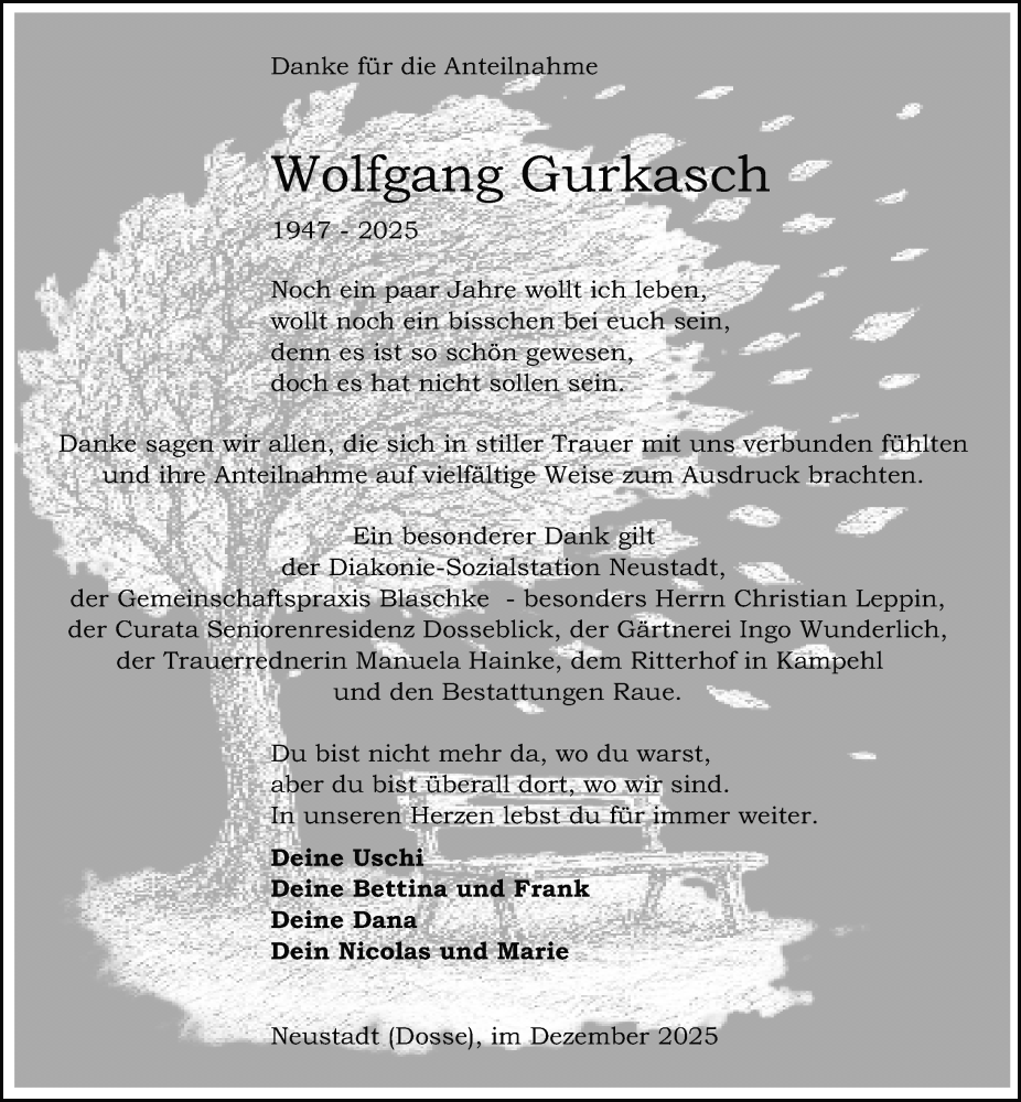  Traueranzeige für Wolfgang Gurkasch vom 06.12.2025 aus Wochenspiegel