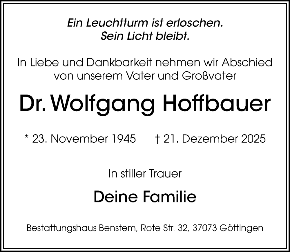  Traueranzeige für Wolfgang Hoffbauer vom 27.12.2025 aus Göttinger Tageblatt