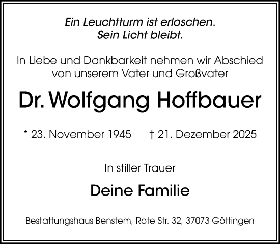 Traueranzeige von Wolfgang Hoffbauer von Göttinger Tageblatt
