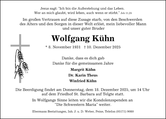 Traueranzeige von Wolfgang Kühn von Peiner Allgemeine Zeitung
